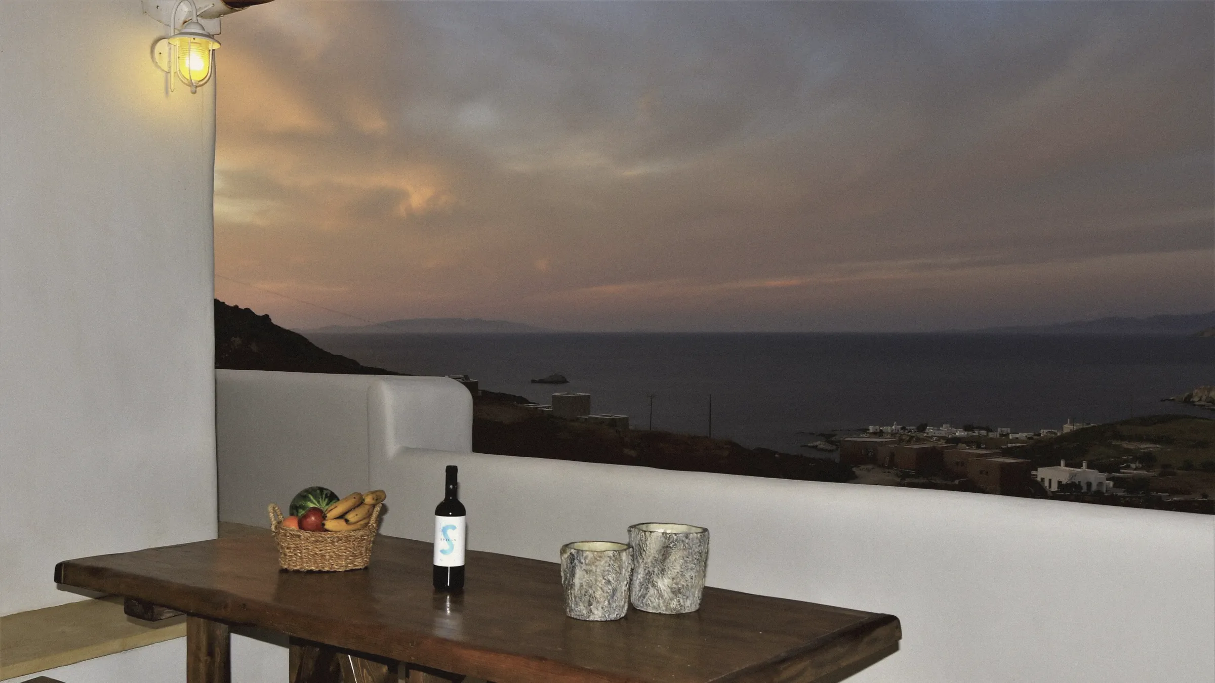 The Aegean at dusk from the terrace of Aegean Blue Houses, above Mandrakia