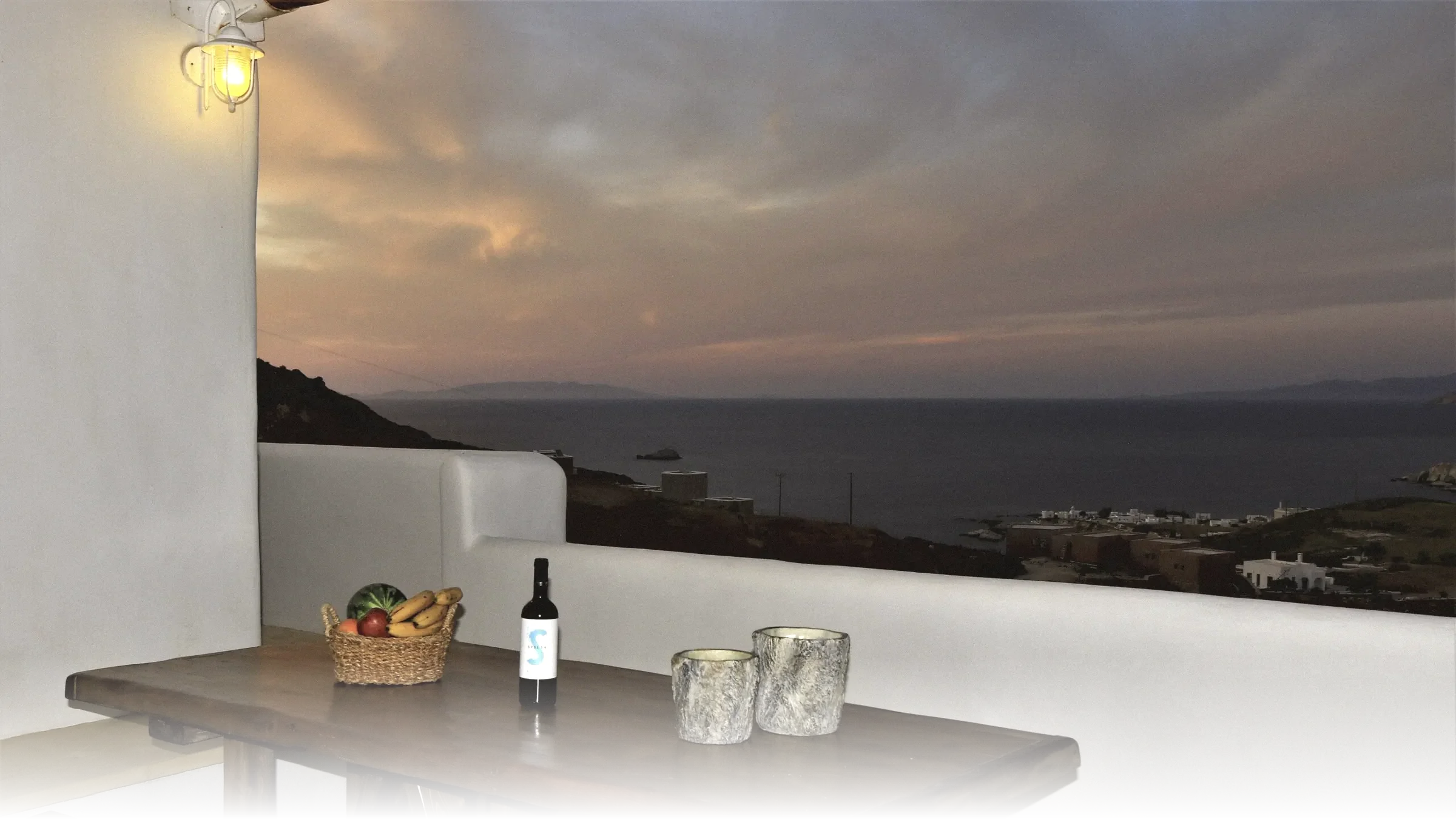 The Aegean at dusk from the terrace of Aegean Blue Houses, above Mandrakia
