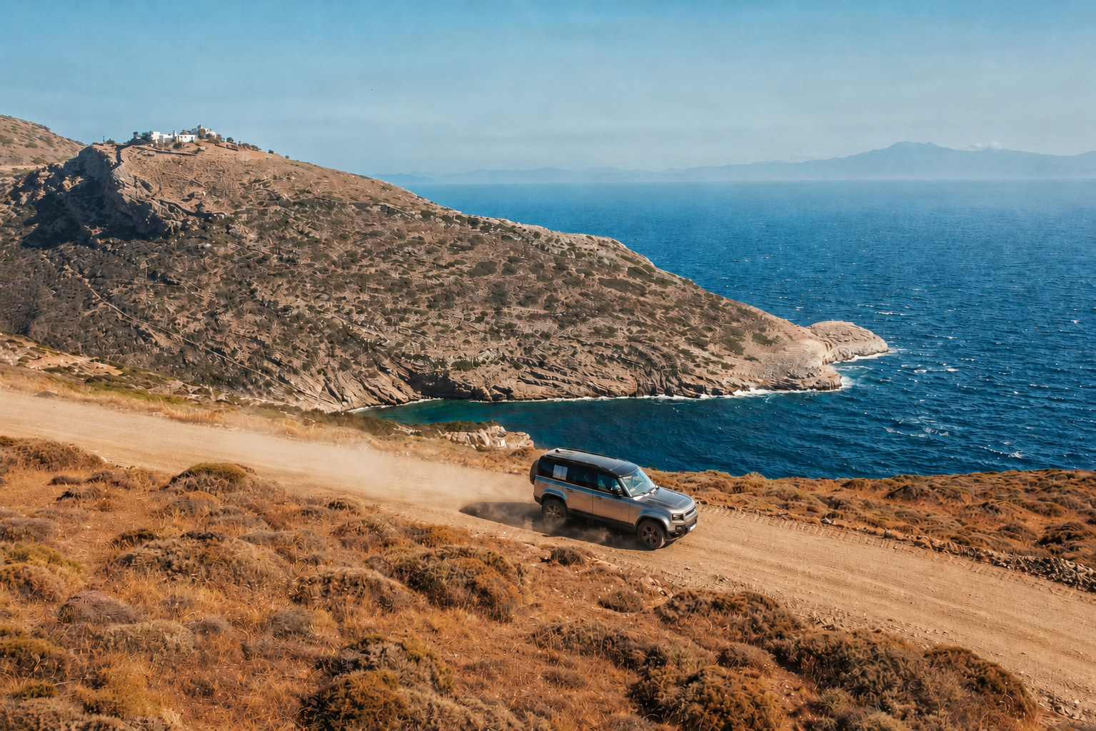 Private island transfer vehicle on a coastal road